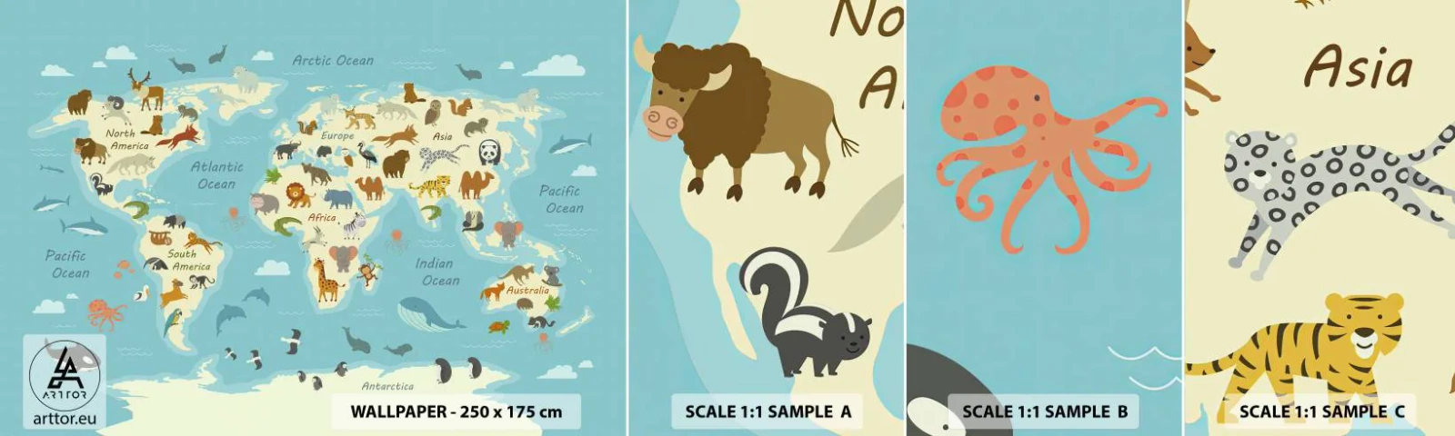 Échantillon de Papier Peint Autocollant Deluxe Sticker - De bons voisins - Carte du monde, Carte avec des animaux, Animaux - 100x30 cm