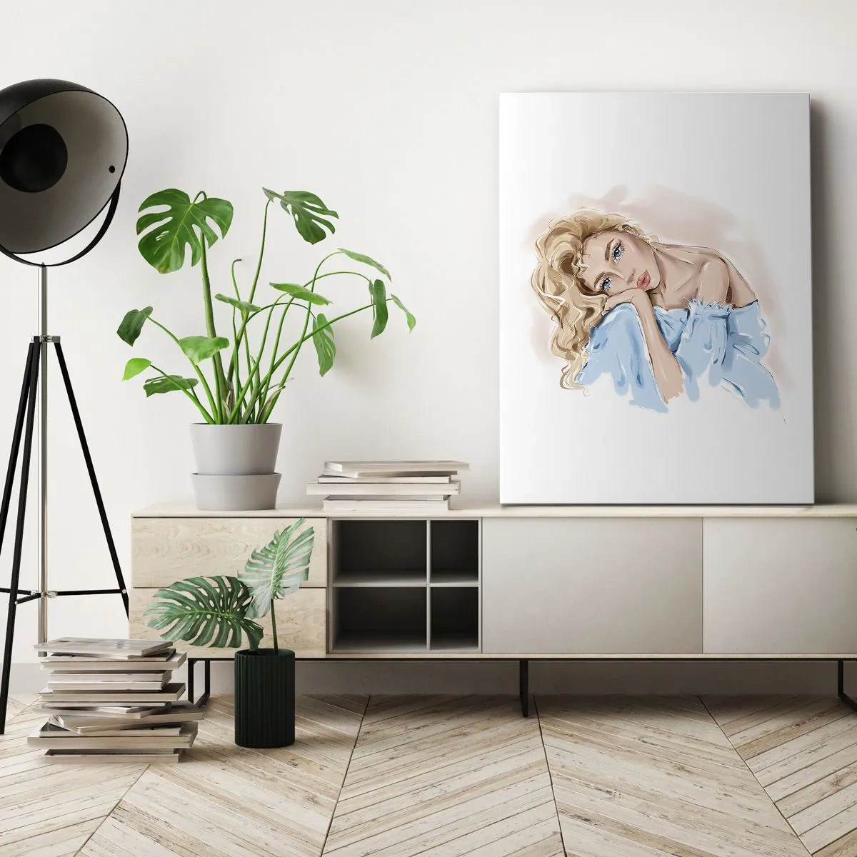 Impression sur toile - Image sur toile - Portrait d'une femme en robe bleue aux cheveux blonds - 50x70cm - Rêveuse en bleu - Décoration murale moderne pour le salon et la chambre ARTTOR