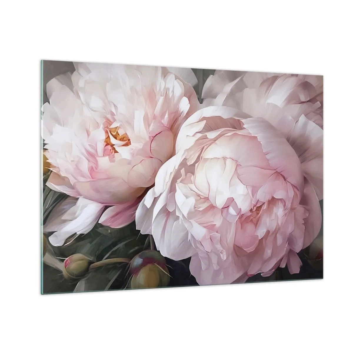 Impression sur verre - Image sur verre - Pivoines délicates dans une teinte rose clair en gros plan - 100x70cm - Arrêté en pleine floraison - Décoration murale moderne pour le salon et la chambre ARTTOR
