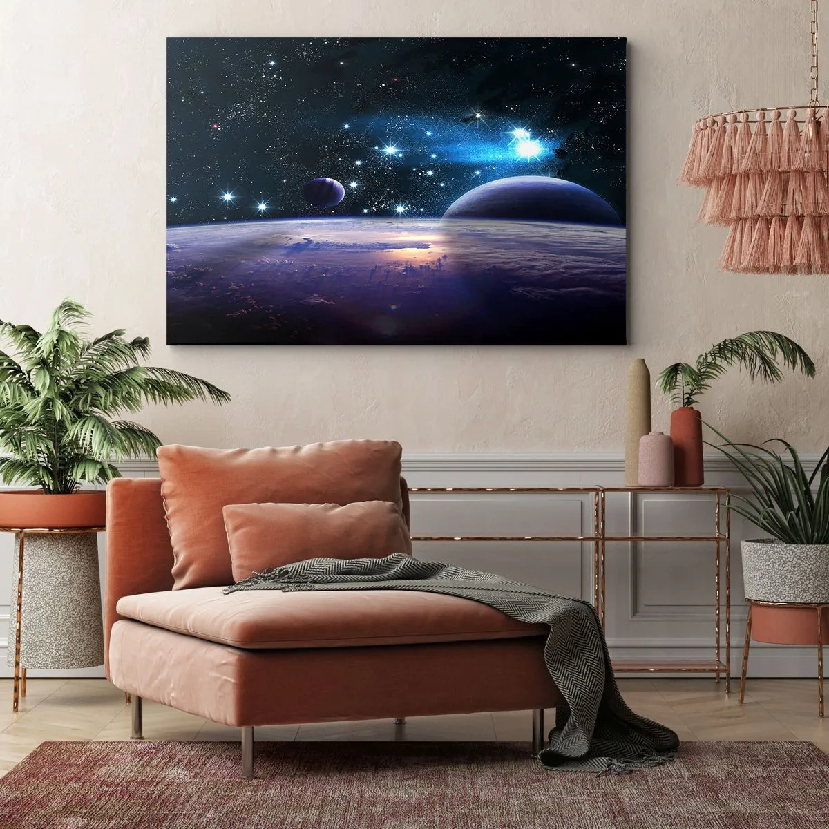 Impression sur toile - Image sur toile - Une vue de l'espace avec des planètes et des étoiles - 120x80cm - Toujours seul? - Décoration murale moderne pour le salon et la chambre ARTTOR