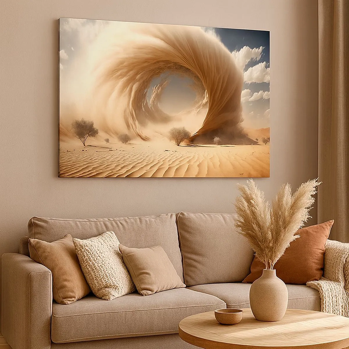 Impression sur toile - Image sur toile - Tourbillon de sable dynamique dans un désert avec des arbres - 70x50cm - Portail ouvert - Décoration murale moderne pour le salon et la chambre ARTTOR