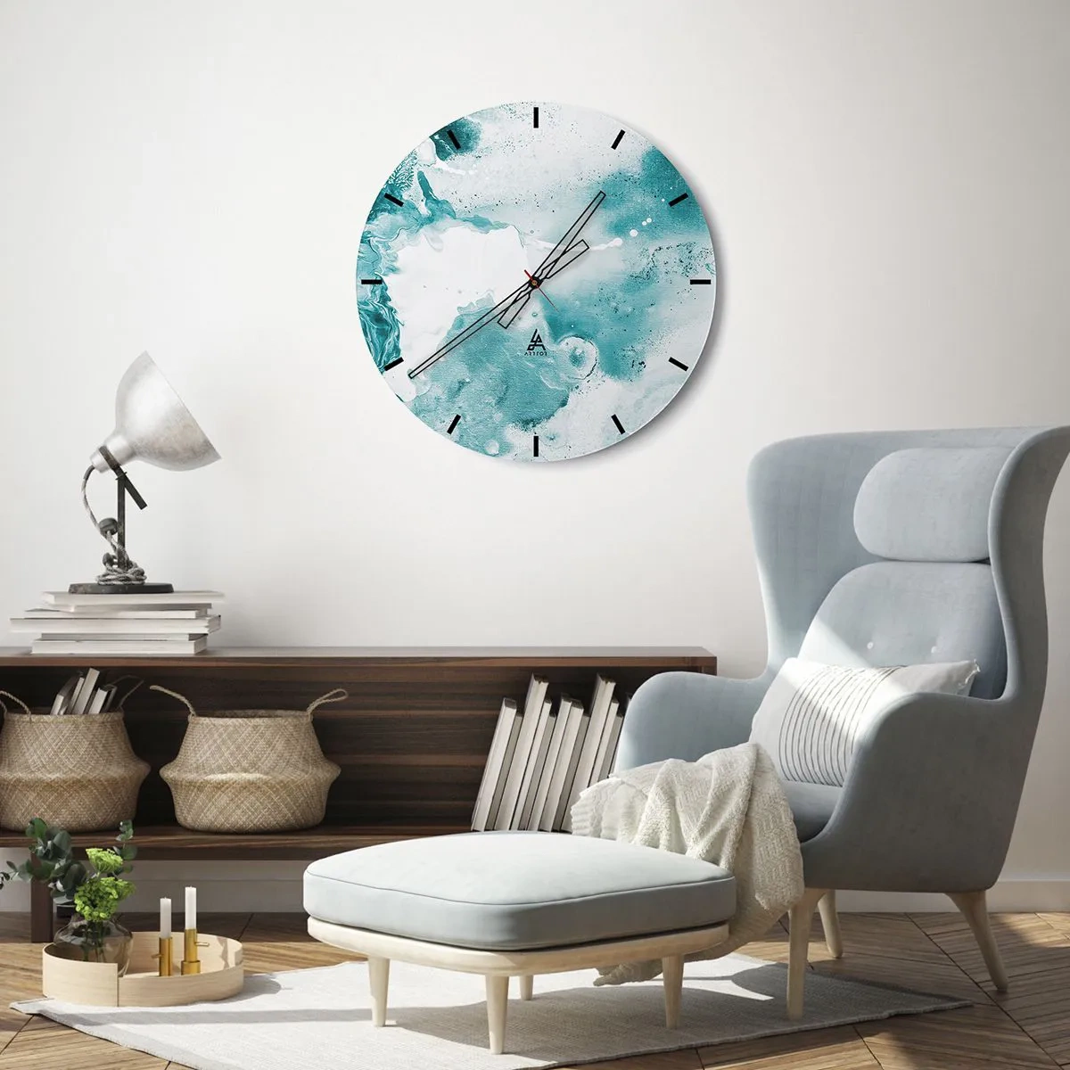 Horloge murale - Pendule murale - Composition abstraite dans les tons turquoise et blanc - 30x30cm - Marécage bleu - Décoration murale moderne pour le salon, la cuisine et la chambre ARTTOR