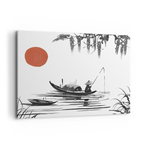 Impression sur toile - Image sur toile - Paysage oriental avec un pêcheur sur un bateau et un soleil rouge - 100x70cm - Après-midi asiatique - Décoration murale moderne pour le salon et la chambre ARTTOR