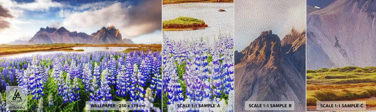 Échantillon de Papier Peint Premium Sand - La force et l'austérité côtoient la douceur - Paysage, Montagnes, Fleurs - 100x30 cm