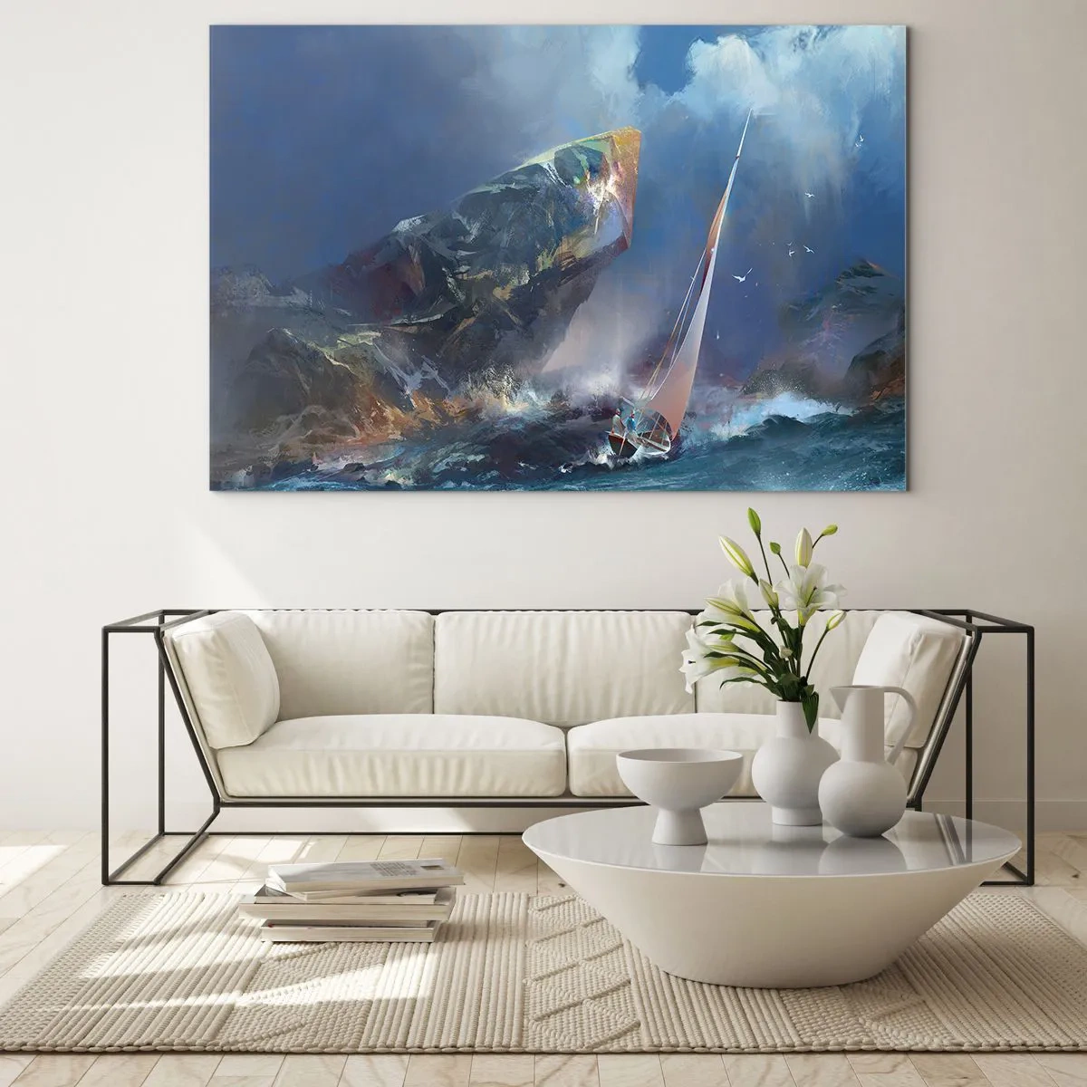 Impression sur verre - Image sur verre - Un voilier dans une tempête au large d'une côte rocheuse - 120x80cm - Celui qui est courageux, gagne - Décoration murale moderne pour le salon et la chambre ARTTOR