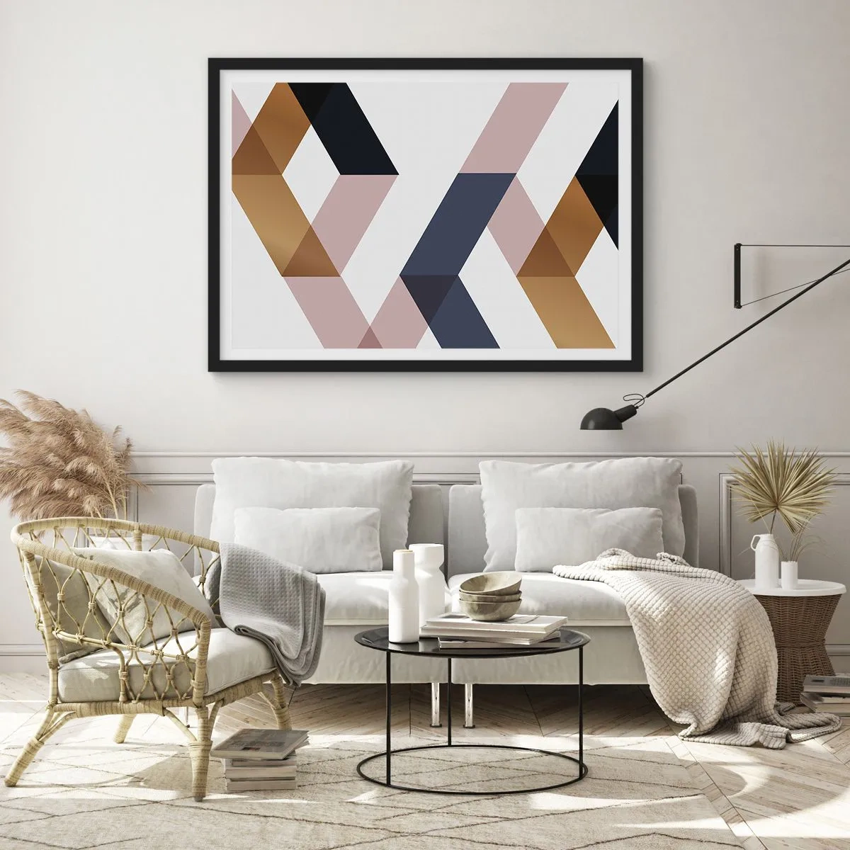 Affiche dans un cadre noir - Poster - Motifs géométriques dans les tons or et bleu marine - 70x50cm - Plats et angles - Décoration murale moderne pour le salon et la chambre ARTTOR