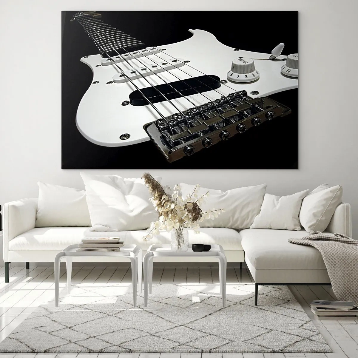 Impression sur verre - Image sur verre - Gros plan d'une guitare électrique blanche sur un fond sombre - 120x80cm - Son caché en blanc - Décoration murale moderne pour le salon et la chambre ARTTOR