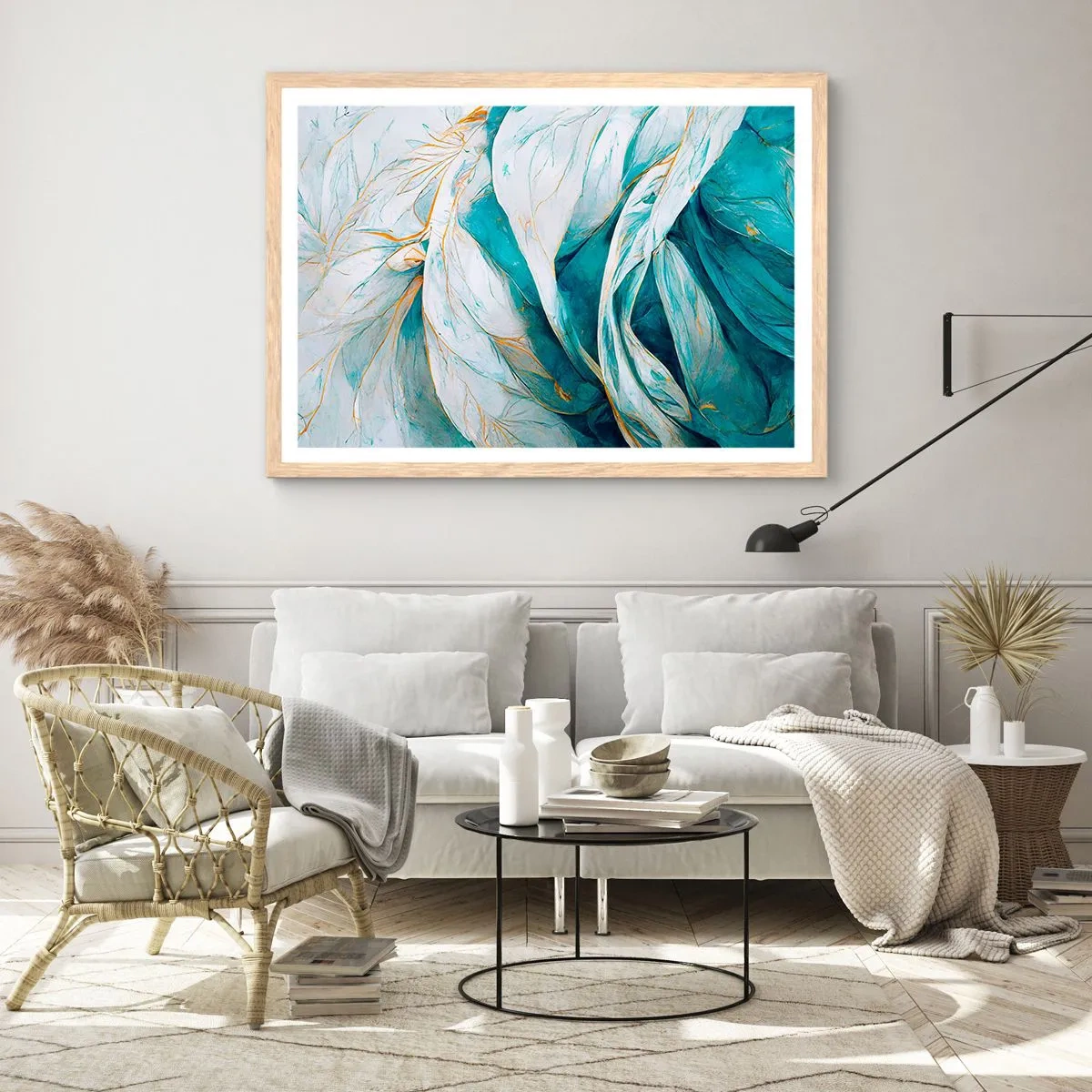 Affiche dans un chêne clair - Poster - Abstraction bleue avec un motif doré - 91x61 cm