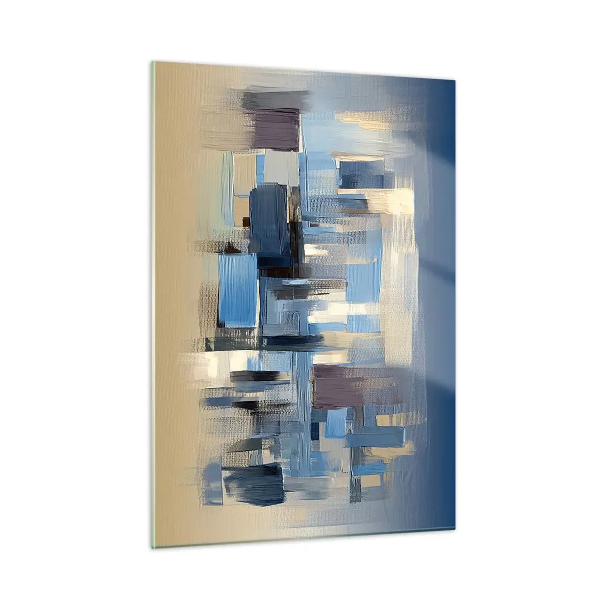 Impression sur verre - Image sur verre - Coups de pinceau géométriques dans les tons de bleu et de beige - 50x70cm - Construction bleue - Décoration murale moderne pour le salon et la chambre ARTTOR