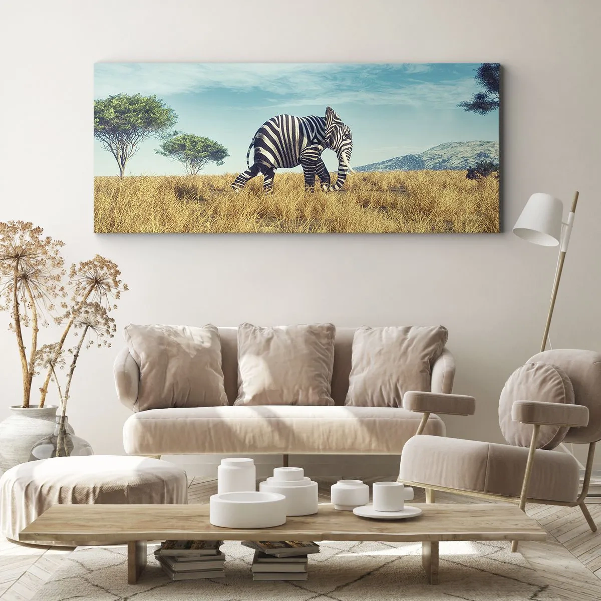 Impression sur toile - Image sur toile - Zèbre dans un paysage africain - 140x50cm - Le gris n'est déjà plus à la mode - Décoration murale moderne pour le salon et la chambre ARTTOR