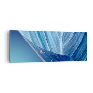 Impression sur toile - Image sur toile - Une feuille bleue avec des gouttes d'eau visibles - 140x50cm - Gouttes cachées du bleu - Décoration murale moderne pour le salon et la chambre ARTTOR