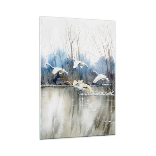 Impression sur verre - Image sur verre - Cygnes en vol au-dessus d'un lac gelé dans un paysage hivernal - 80x120cm - Comme dans un conte de fées sur les cygnes sauvages - Décoration murale moderne pour le salon et la chambre ARTTOR