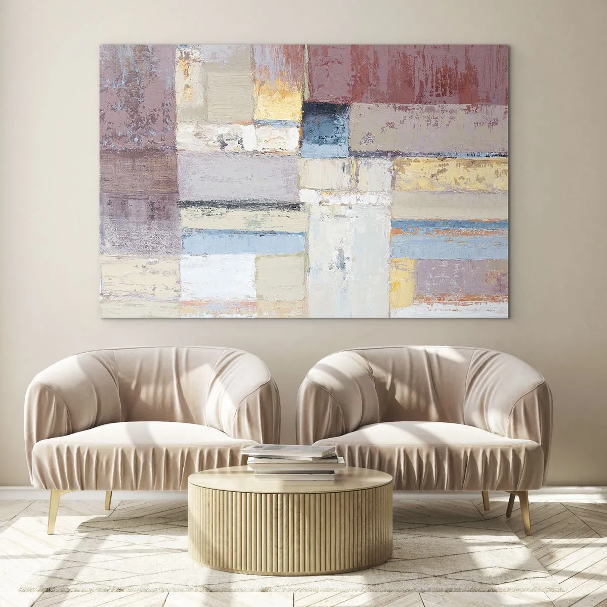 Impression sur verre - Image sur verre - Composition géométrique abstraite aux couleurs pastel - 100x70cm - Le calme de la géométrie - Décoration murale moderne pour le salon et la chambre ARTTOR