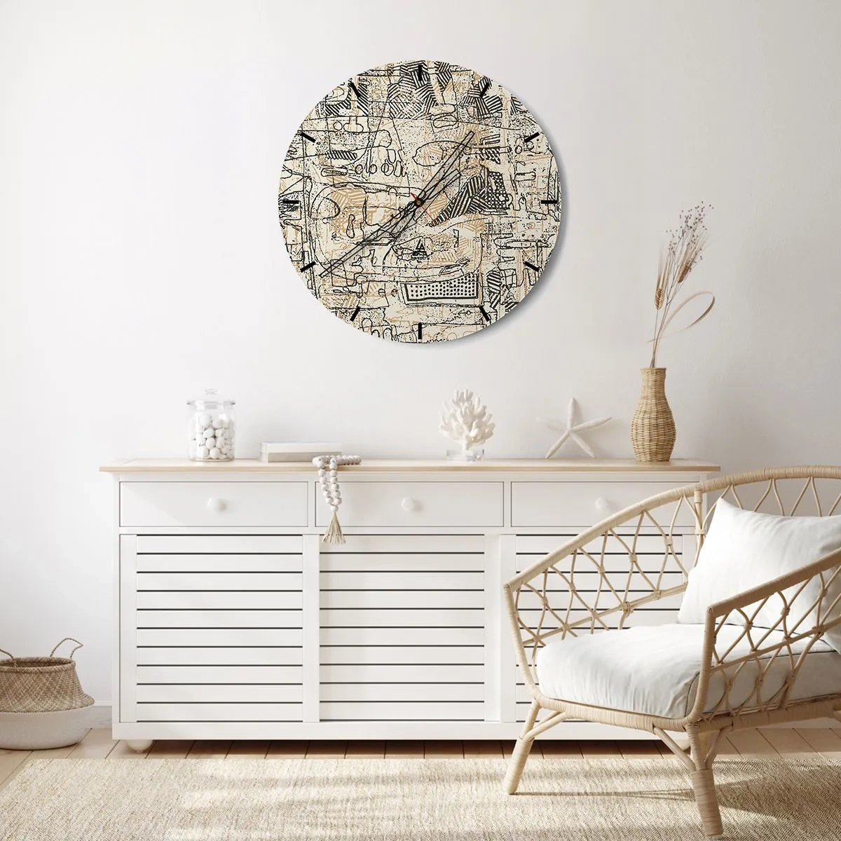 Horloge murale - Pendule murale - Portrait d'une femme réalisé avec des contours au trait sur un fond clair - 30x30cm - Il attend d'être décodé - Décoration murale moderne pour le salon, la cuisine et la chambre ARTTOR