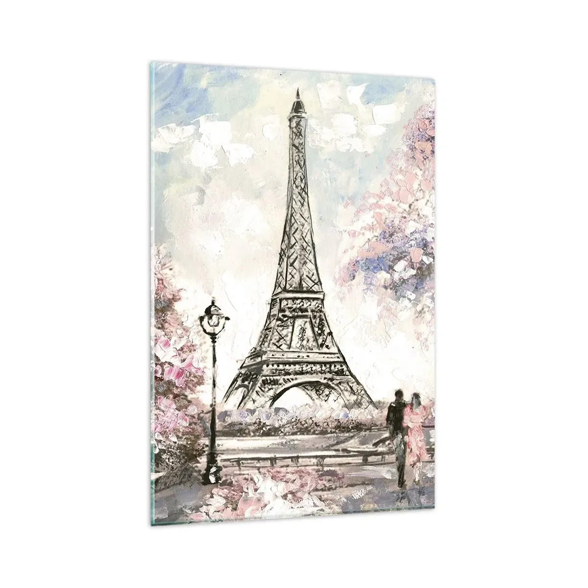 Impression sur verre - Image sur verre - La Tour Eiffel entourée d'arbres en fleurs - 80x120cm - Balade d'avril à Paris - Décoration murale moderne pour le salon et la chambre ARTTOR
