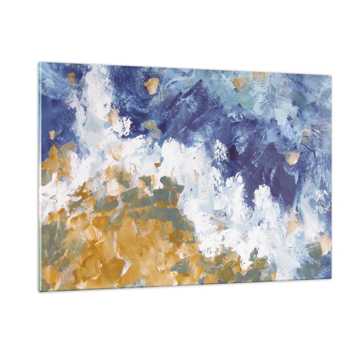 Impression sur verre - Image sur verre - Coups de peinture abstraits en bleu, blanc et or - 120x80cm - Danse des éléments - Décoration murale moderne pour le salon et la chambre ARTTOR