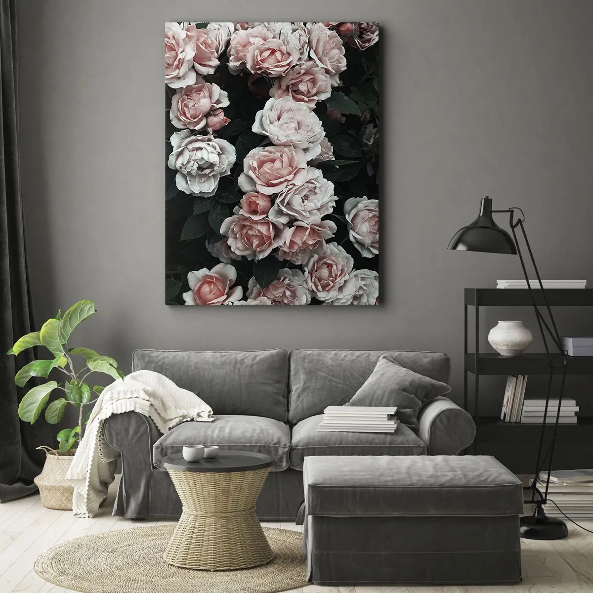 Impression sur toile - Image sur toile - Roses roses sur fond sombre dans une composition subtile - 80x120cm - Ensemble de rose - Décoration murale moderne pour le salon et la chambre ARTTOR