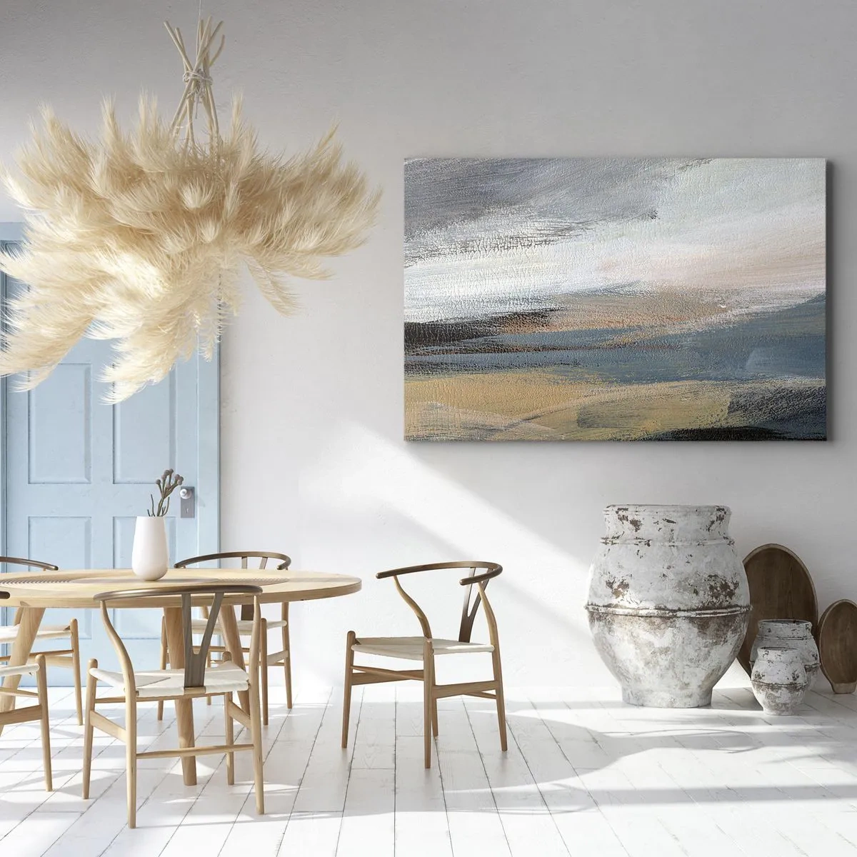 Impression sur toile - Image sur toile - Paysage abstrait dans des tons sobres de bleu et de beige - 100x70cm - Abstraction : paysage nordique - Décoration murale moderne pour le salon et la chambre ARTTOR