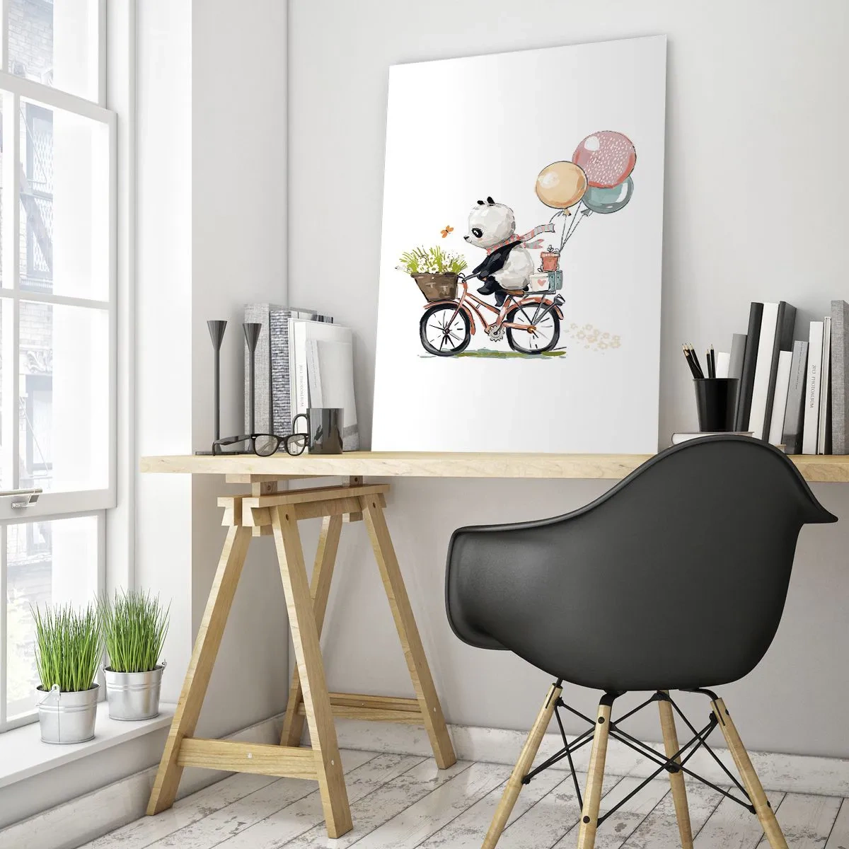 Impression sur verre - Image sur verre - Un panda faisant du vélo avec des ballons et un panier de fleurs. - 50x70cm - Jour de chance - Décoration murale moderne pour le salon et la chambre ARTTOR