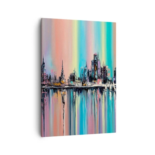 Impression sur toile - Image sur toile - Paysage urbain coloré avec reflet sur l'eau - 50x70cm - Noyé par la lumière de la nuit - Décoration murale moderne pour le salon et la chambre ARTTOR
