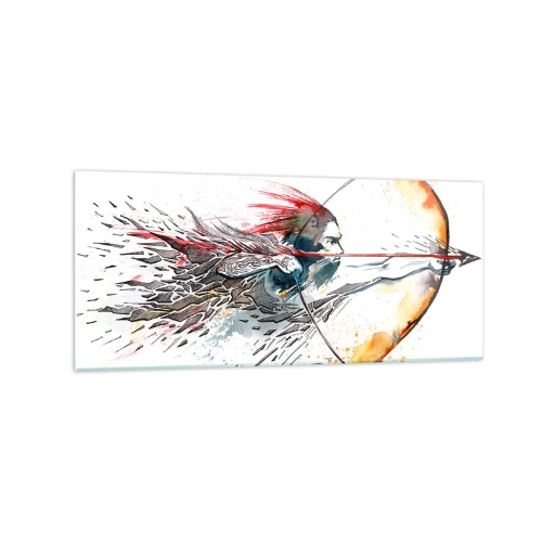 Impression sur verre - Image sur verre - Aquarelle dynamique d'un guerrier avec un arc et des flèches - 120x50cm - Guerrier mythique avec un arc de feu - Décoration murale moderne pour le salon et la chambre ARTTOR