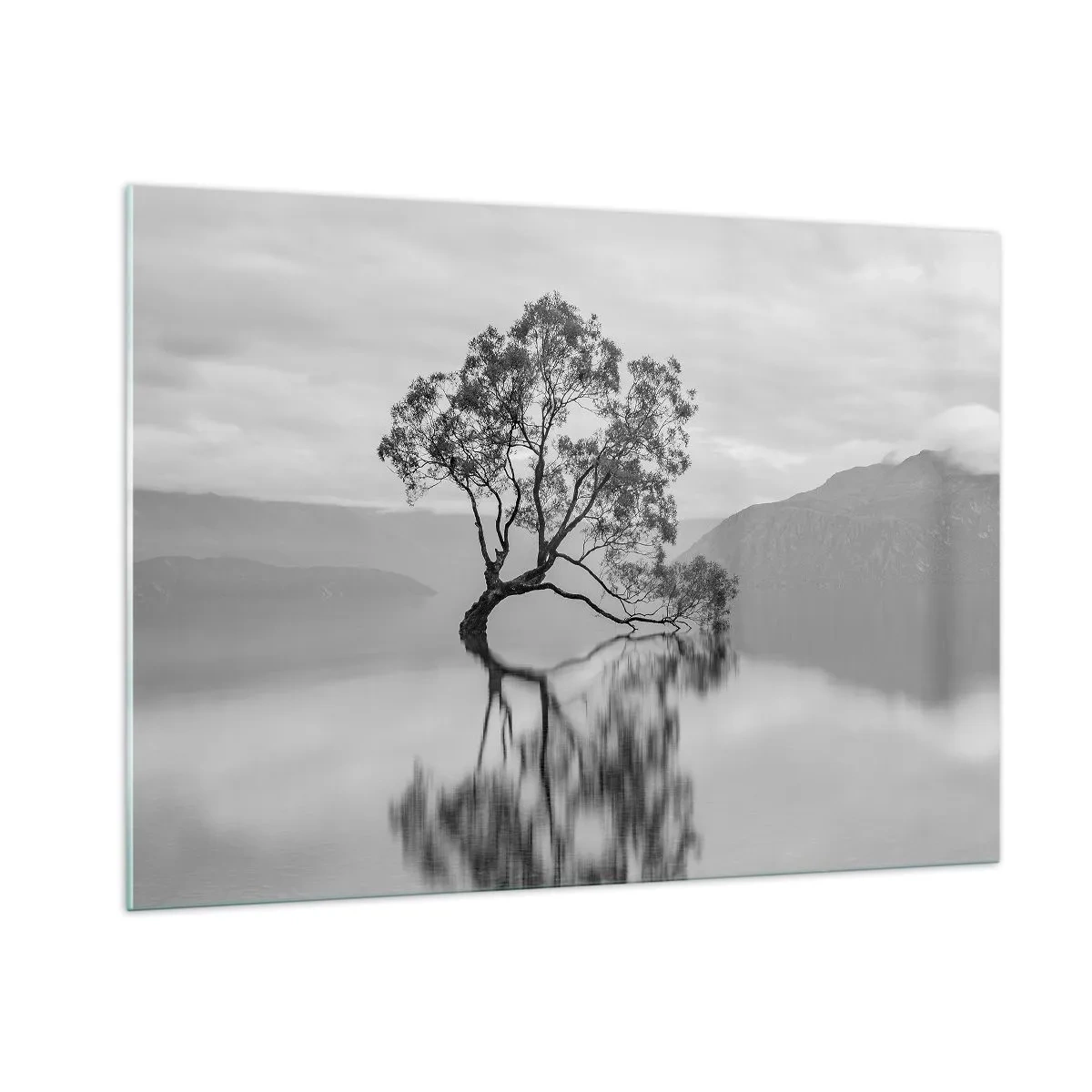 Impression sur verre - Image sur verre - Un arbre solitaire sur l'eau dans un paysage noir et blanc - 100x70cm - Un tel pays existe - Décoration murale moderne pour le salon et la chambre ARTTOR