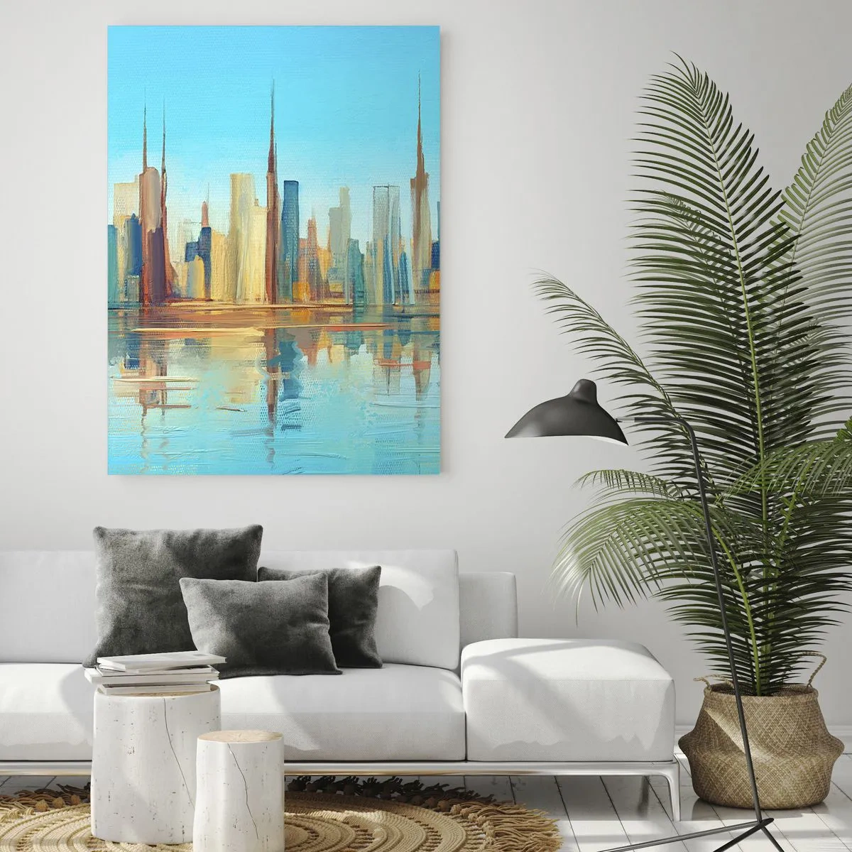 Impression sur verre - Image sur verre - Un panorama de la ville aux couleurs chaudes avec reflet dans l'eau - 70x100cm - Une métropole ensoleillée - Décoration murale moderne pour le salon et la chambre ARTTOR