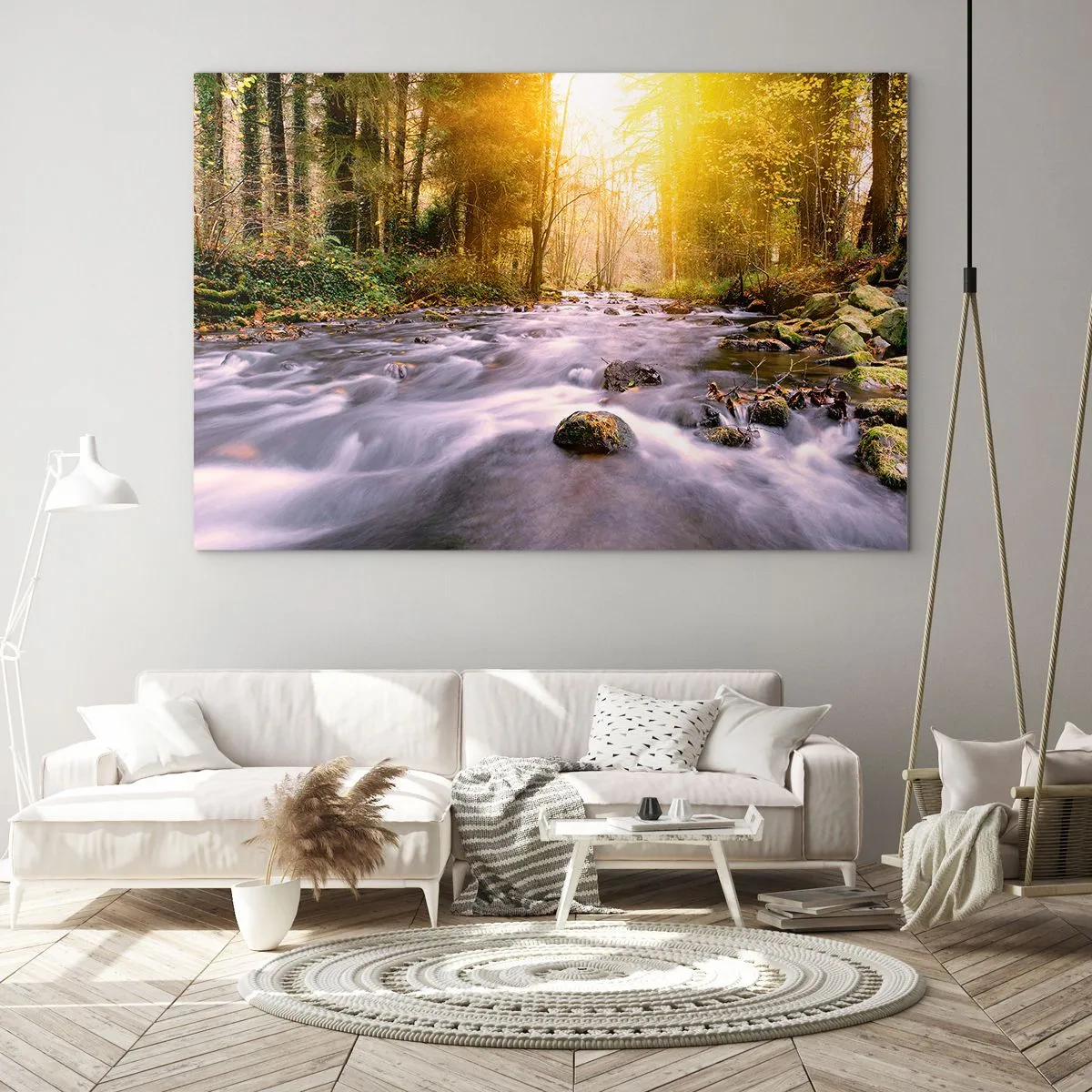 Impression sur verre - Image sur verre - Ruisseau forestier au soleil - 70x50cm - Malachite dans un cadre argent et or - Décoration murale moderne pour le salon et la chambre ARTTOR