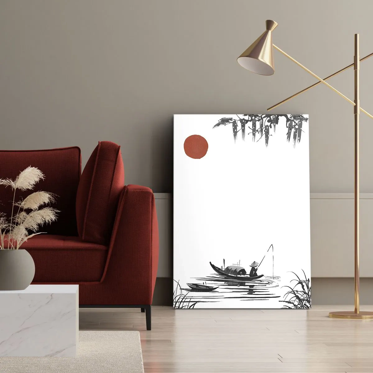 Impression sur toile - Image sur toile - Paysage oriental avec un pêcheur sur un bateau et un soleil rouge - 80x120cm - Après-midi asiatique - Décoration murale moderne pour le salon et la chambre ARTTOR