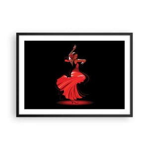 Affiche dans un cadre noir - Poster - Danseuse de flamenco en robe rouge sur fond noir - 70x50cm - L'esprit fougueux du flamenco - Décoration murale moderne pour le salon et la chambre ARTTOR