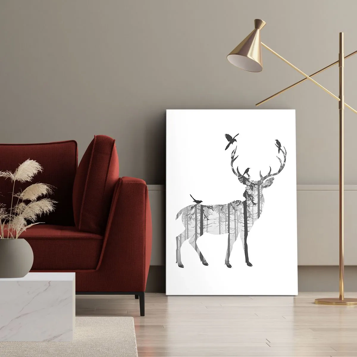 Impression sur toile - Image sur toile - Silhouette d'un cerf avec forêt et oiseaux - 50x70cm - La bonne âme de la forêt - Décoration murale moderne pour le salon et la chambre ARTTOR