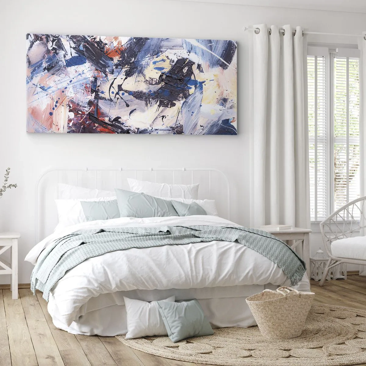 Impression sur toile - Image sur toile - Abstraction avec des coups de pinceau dynamiques en bleu et rouge. - 140x50cm - La danse folle de l'abstrait - Décoration murale moderne pour le salon et la chambre ARTTOR