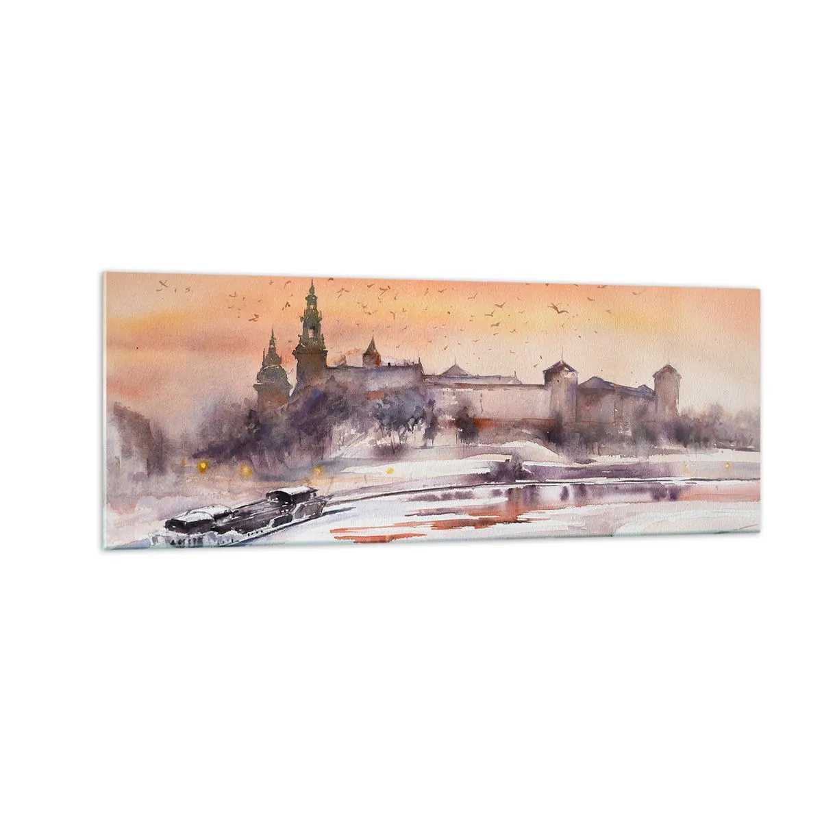 Impression sur verre - Image sur verre - Coucher de soleil sur le château dans un paysage hivernal - 140x50cm - Coucher de soleil royal - Décoration murale moderne pour le salon et la chambre ARTTOR