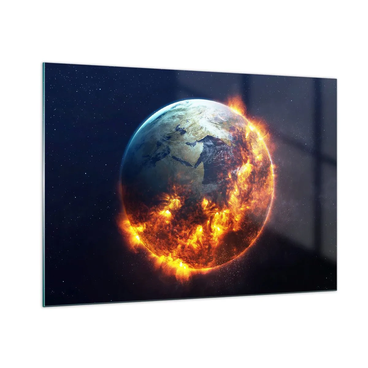 Impression sur verre - Image sur verre - La Terre entourée de flammes dans l'espace - 100x70cm - La flamme de l'apocalypse - Décoration murale moderne pour le salon et la chambre ARTTOR