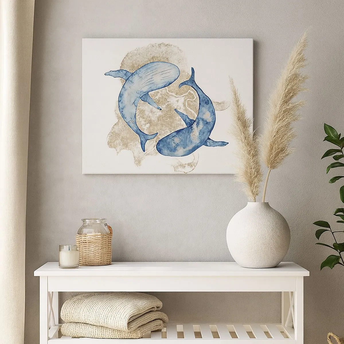 Impression sur toile - Image sur toile - Baleines bleues abstraites sur fond clair - 70x50cm - Amis ou amoureux? - Décoration murale moderne pour le salon et la chambre ARTTOR
