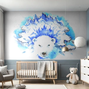 Papier Peint Photo Premium Sand - Un ours polaire contre un glacier dans une illustration artistique - 100x70cm - Le roi de l'Arctique dans une couronne de glace - Décoration murale moderne pour le salon et la chambre ARTTOR