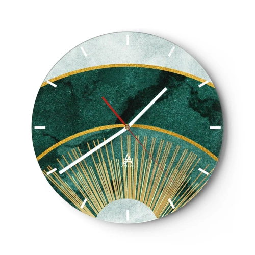 Horloge murale - Pendule murale - Graphiques verts et dorés avec des rayons rappelant un lever de soleil - 30x30cm - Un autre système solaire - Décoration murale moderne pour le salon, la cuisine et la chambre ARTTOR