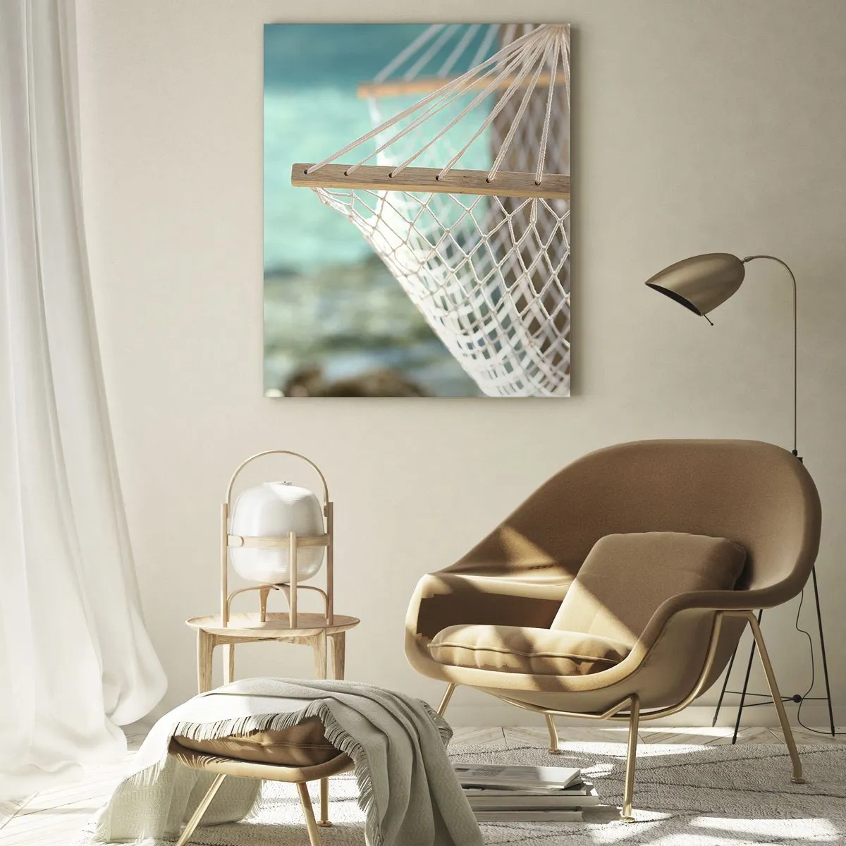 Impression sur verre - Image sur verre - Un hamac surplombant les eaux turquoise cristallines - 50x70cm - Le temps de la détente - Décoration murale moderne pour le salon et la chambre ARTTOR