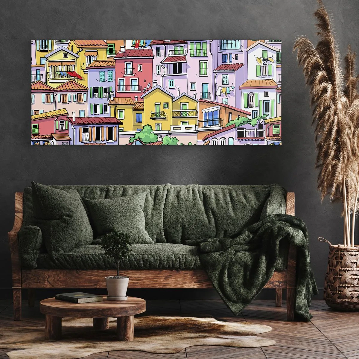 Impression sur toile - Image sur toile - Des immeubles colorés au style vivant et joyeux - 120x50cm - Ville joyeuse - Décoration murale moderne pour le salon et la chambre ARTTOR