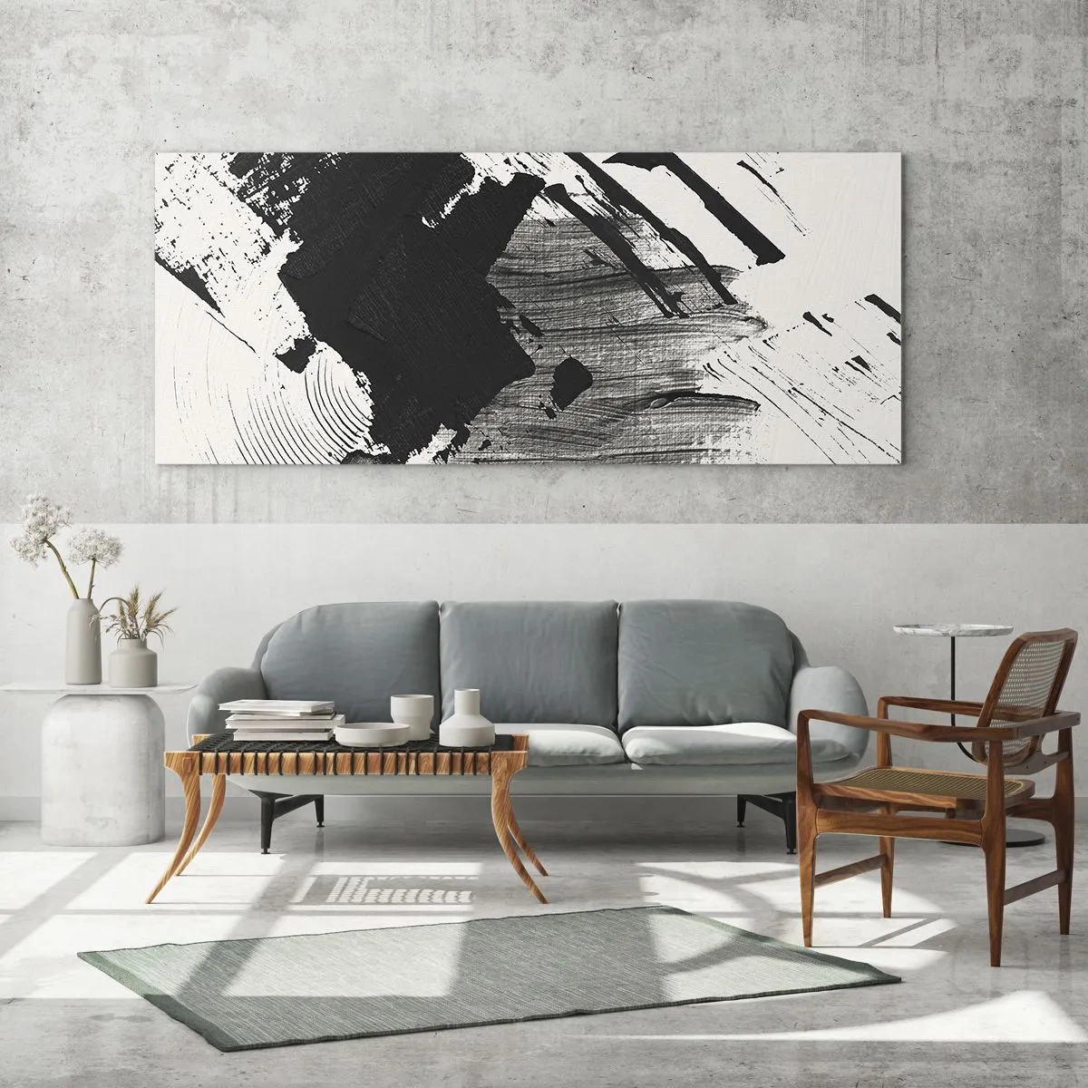 Impression sur verre - Image sur verre - Traits abstraits de noir sur fond blanc - 160x50cm - Abstraction – expression du noir - Décoration murale moderne pour le salon et la chambre ARTTOR