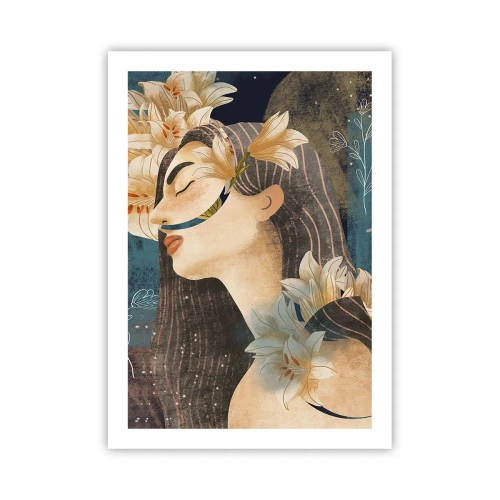 Affiche - Poster - Profil d'une femme entourée de lys sur fond bleu marine - 50x70cm - Conte de fée sur la princesse lilas - Décoration murale moderne pour le salon et la chambre ARTTOR