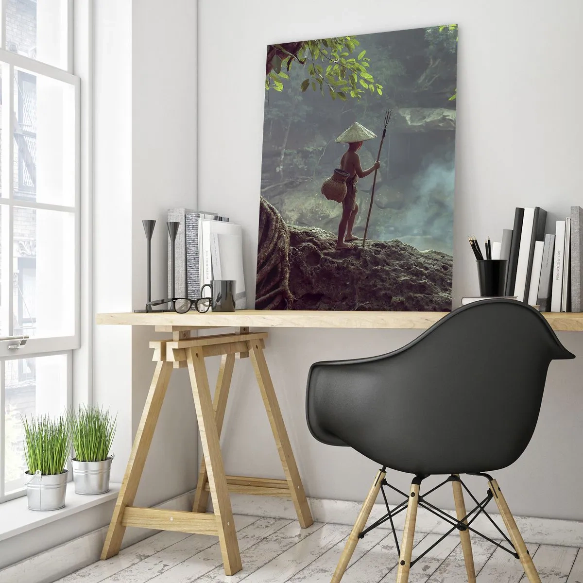Impression sur verre - Image sur verre - Un garçon avec une lance près d'une cascade dans la forêt tropicale - 50x70cm - Lier d'amitié avec la nature - Décoration murale moderne pour le salon et la chambre ARTTOR