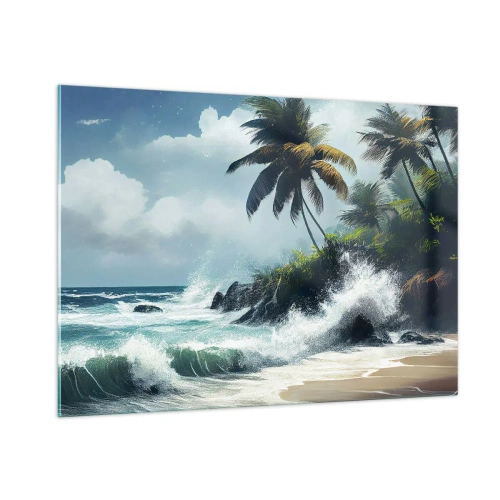 Impression sur verre - Image sur verre - Vagues s'écrasant contre les rochers près des palmiers sur une plage tropicale - 100x70cm - Sur une côte tropicale - Décoration murale moderne pour le salon et la chambre ARTTOR