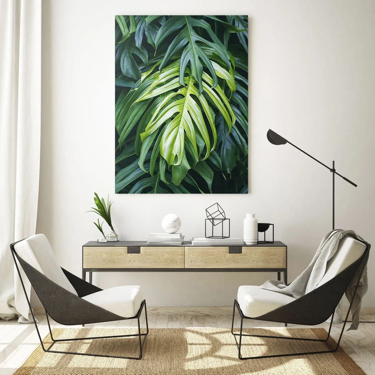 Impression sur verre - Image sur verre - Feuilles de monstera vertes luxuriantes à la lumière naturelle - 50x70cm - Immergez-vous dans la fraîcheur - Décoration murale moderne pour le salon et la chambre ARTTOR