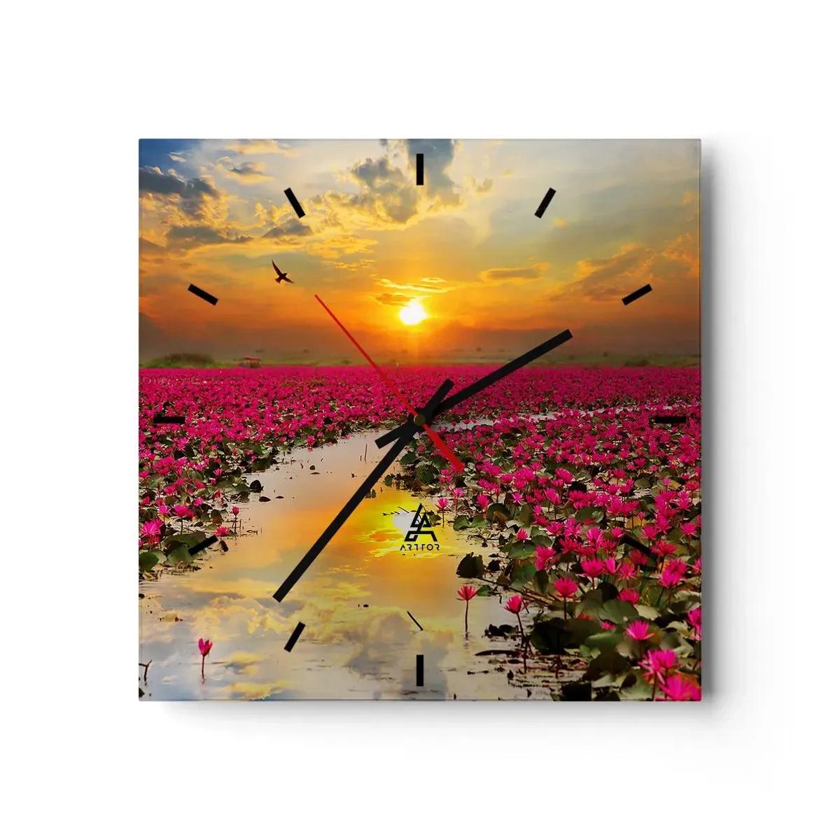 Horloge murale - Pendule murale - Un champ de nénuphars roses au coucher du soleil - 30x30cm - La vie secrète du lac - Décoration murale moderne pour le salon et la chambre ARTTOR