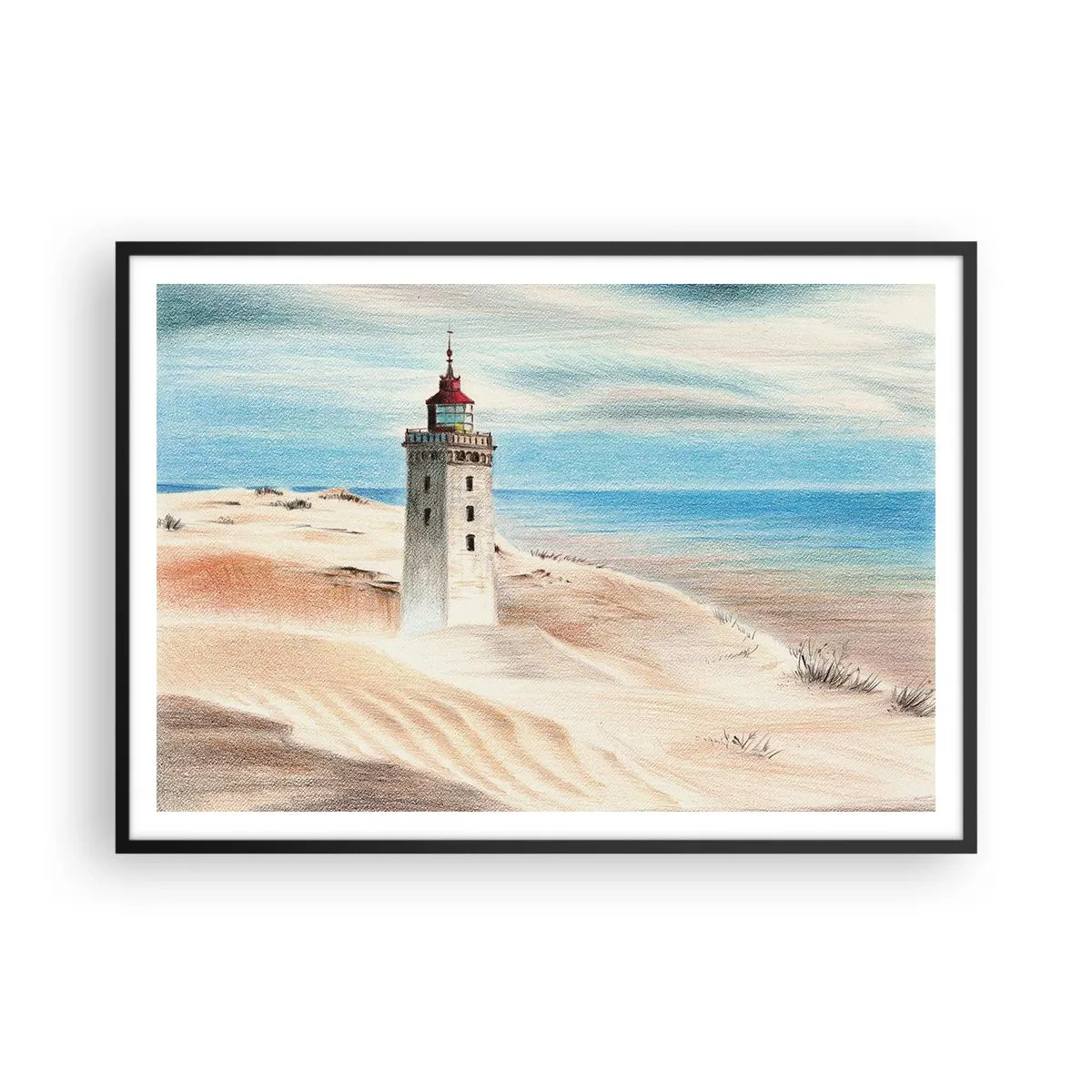 Affiche dans un cadre noir - Poster - Un phare entouré de dunes de sable et d'un ciel bleu - 100x70cm - Toujours regarder la mer - Décoration murale moderne pour le salon et la chambre ARTTOR