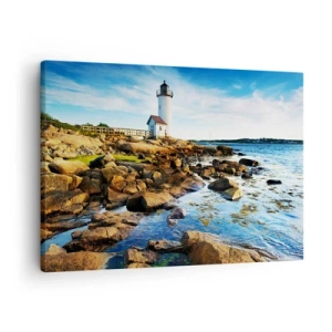Impression sur toile - Image sur toile - Un phare sur une côte rocheuse par une journée ensoleillée - 70x50cm - Revenez heureux, j'attends - Décoration murale moderne pour le salon et la chambre ARTTOR