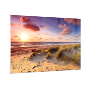 Impression sur verre - Image sur verre - Plage avec dunes au coucher du soleil - 100x70cm - L'air sent déjà l'été - Décoration murale moderne pour le salon et la chambre ARTTOR