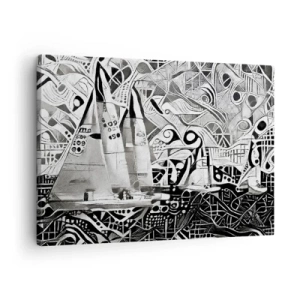 Impression sur toile - Image sur toile - Voiliers abstraits dans une composition monochrome - 70x50cm - Entre les vagues - Décoration murale moderne pour le salon et la chambre ARTTOR