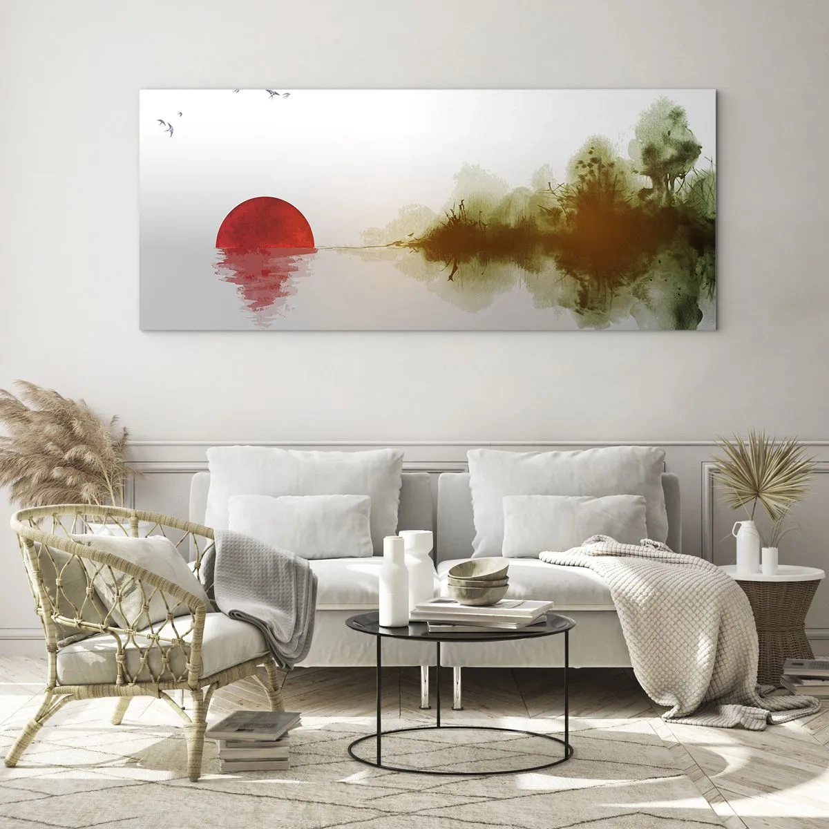 Impression sur verre - Image sur verre - Coucher de soleil abstrait sur un lac avec reflet - 140x50cm - Une promesse de paix - Décoration murale moderne pour le salon et la chambre ARTTOR
